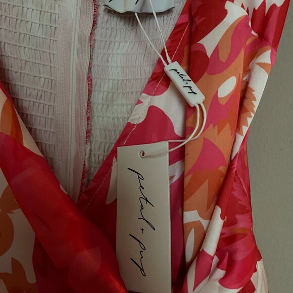 Petal and Pup Addison Jumpsuit XS Pink Coral Floral Smocked Wrap Tie Waist - Picture 6 of 7